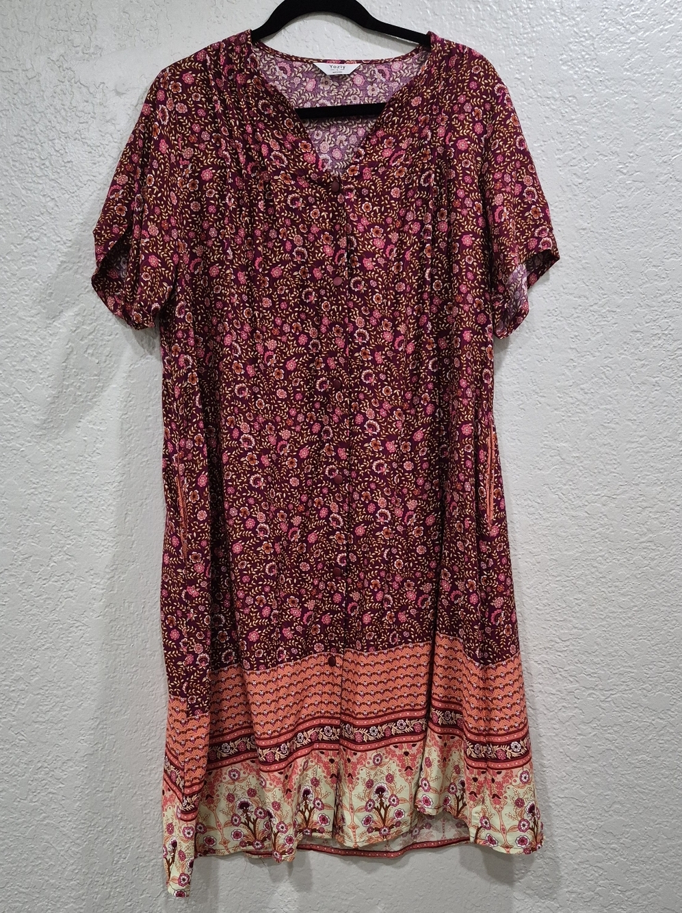 Pink floral short sleeve snap-up Dress  women, with 2 pockets, cotton, size L.